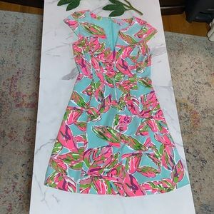 Lilly Pulitzer Aqua Dress with Pink and Green Leaf Print